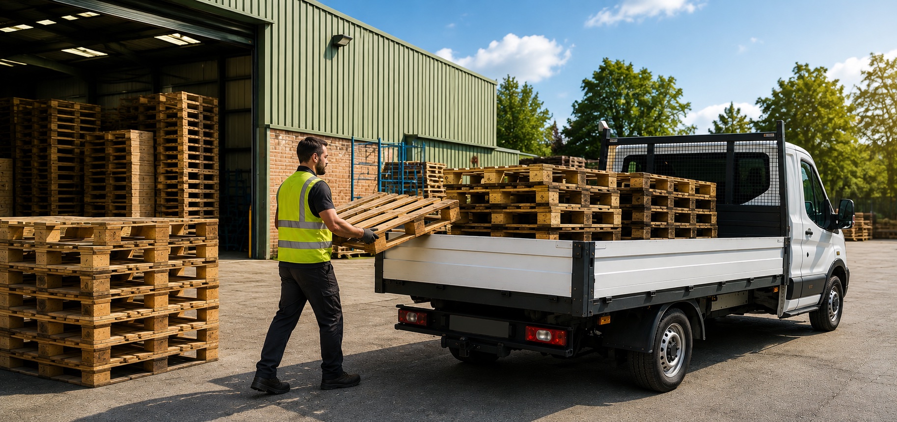 A used pallet clearance in progress at a Nottingham business.